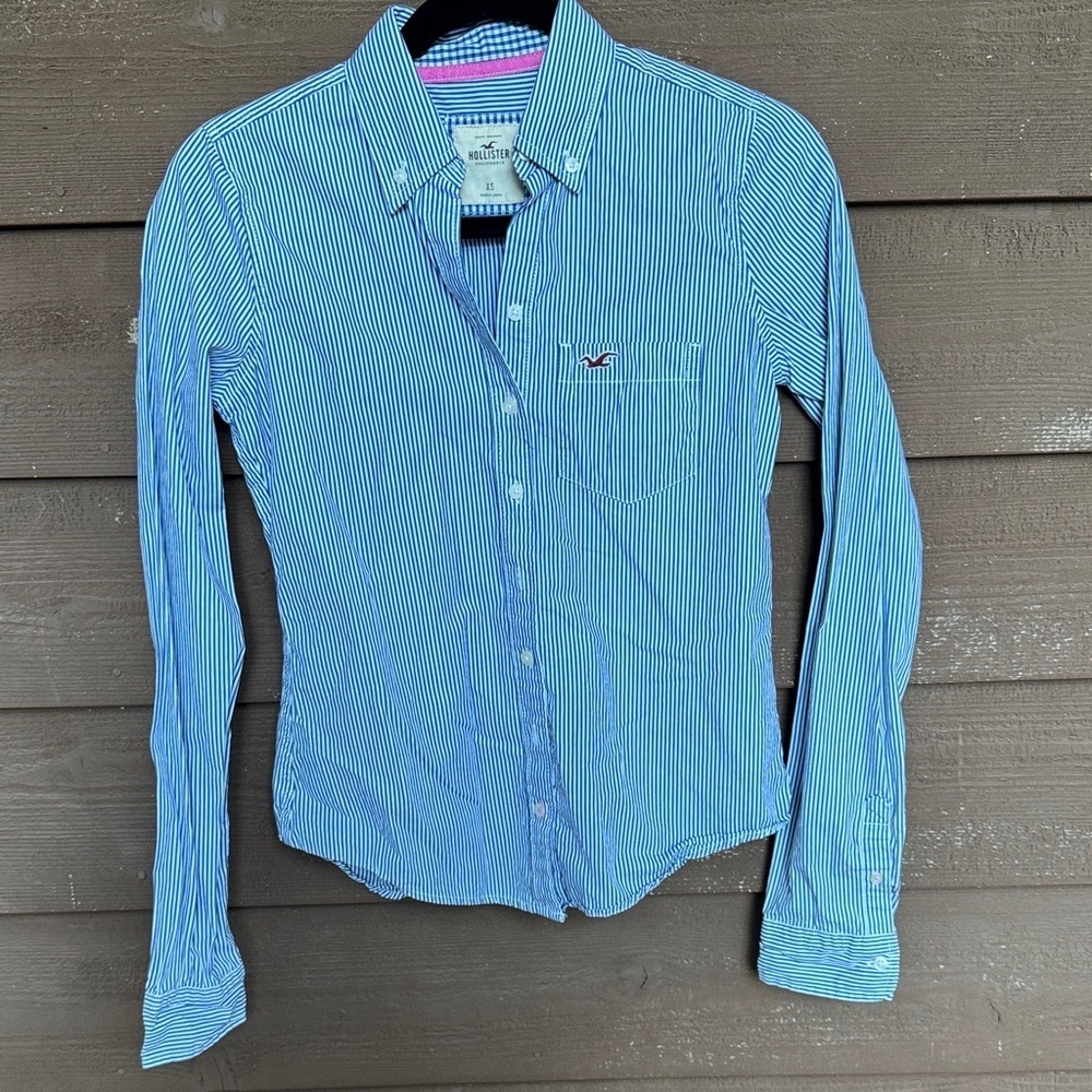 Hollister Women’s Blue Pinstripe Casual Button-Down Shirt size XS